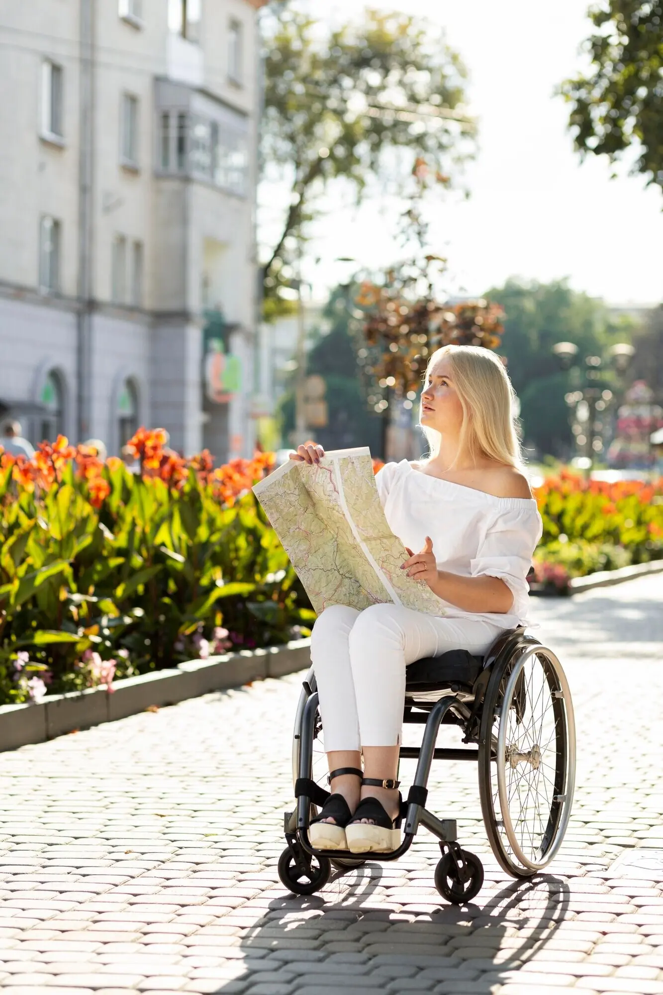 A woman in a wheelchair viewing a map outdoors.