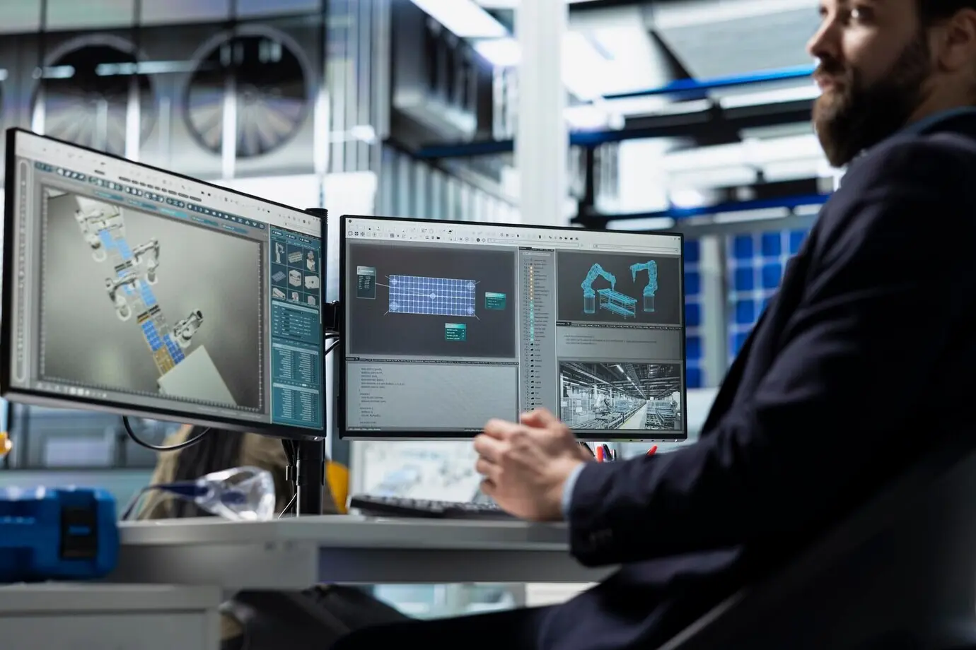 A professional energy analyst in a suit reviews solar panel diagnostics.